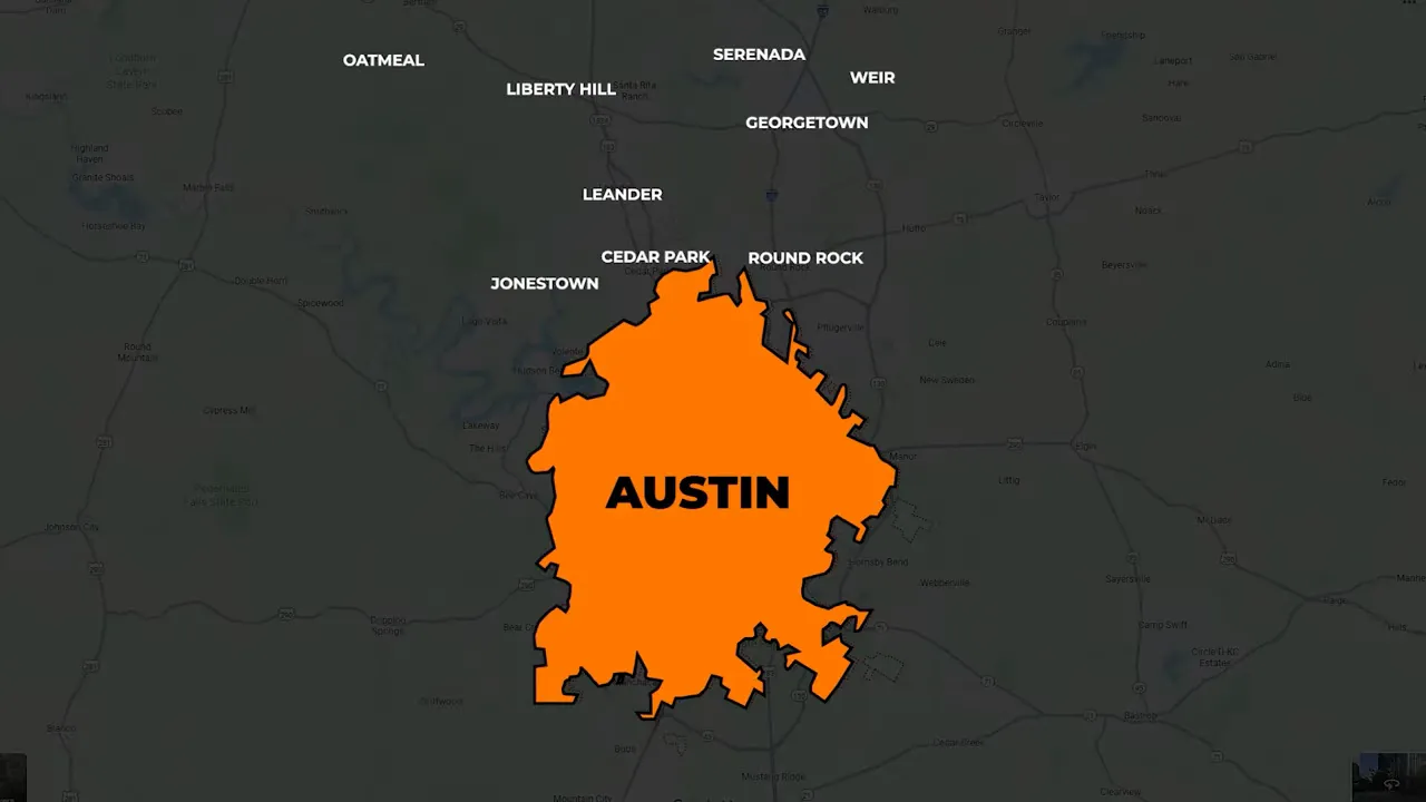 Map showing Austin highlighted in orange with nearby suburbs like Leander, Cedar Park, Round Rock and Georgetown labelled