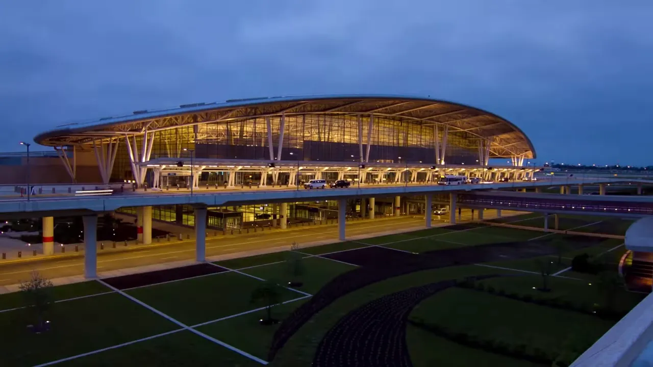 Indianapolis International Airport terminal at dusk