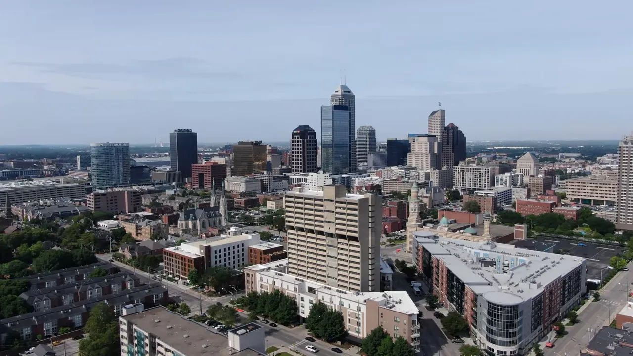 Aerial skyline of downtown Indianapolis with mid- and high-rise buildings