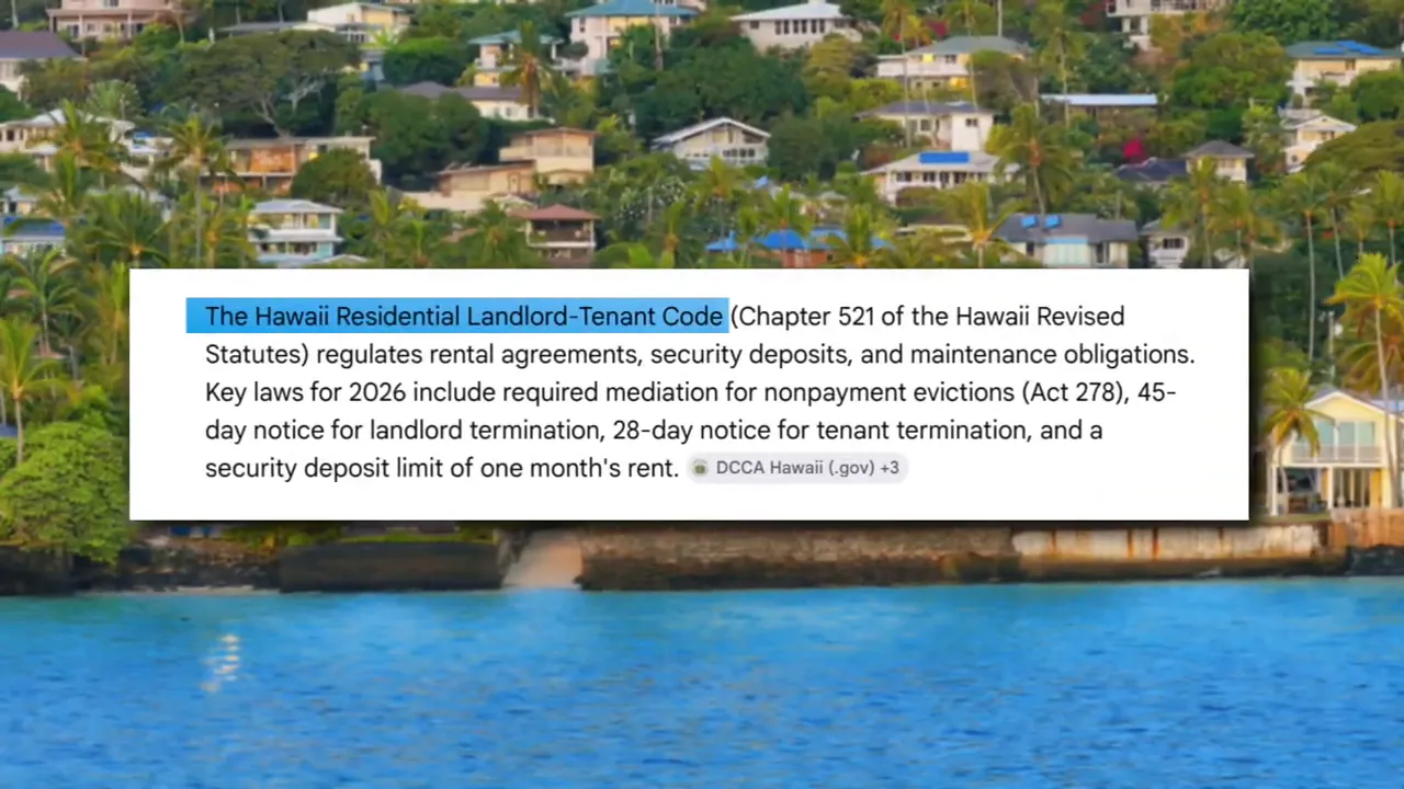 Screenshot of Hawaii Residential Landlord-Tenant Code overview including notice requirements and mediation for eviction cases