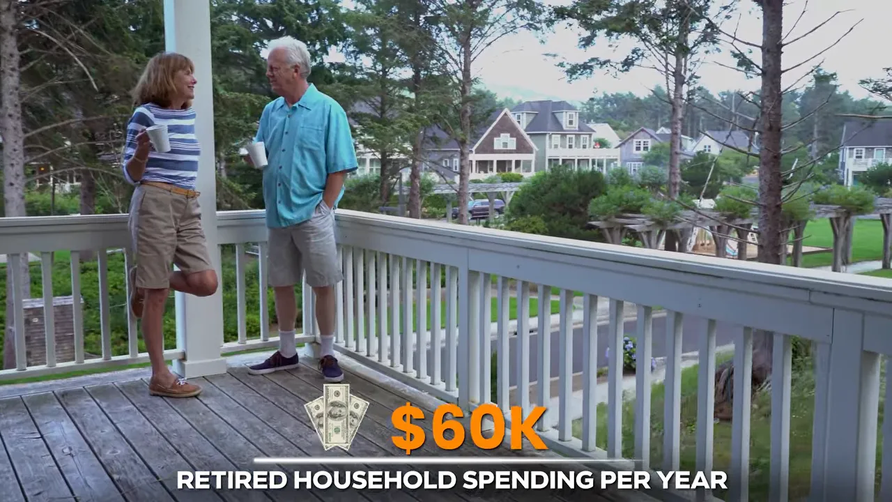 Retired couple on porch with 60000 dollars retired household spending per year text