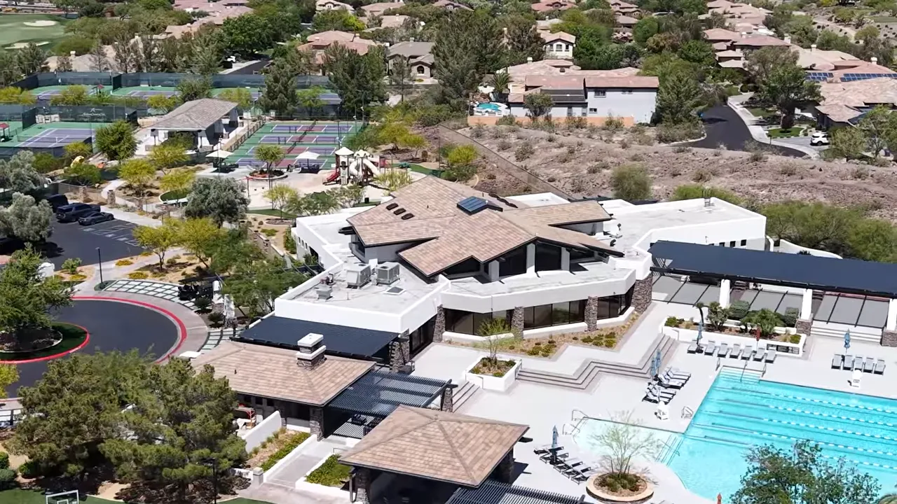 Aerial view of community clubhouse and swimming pool