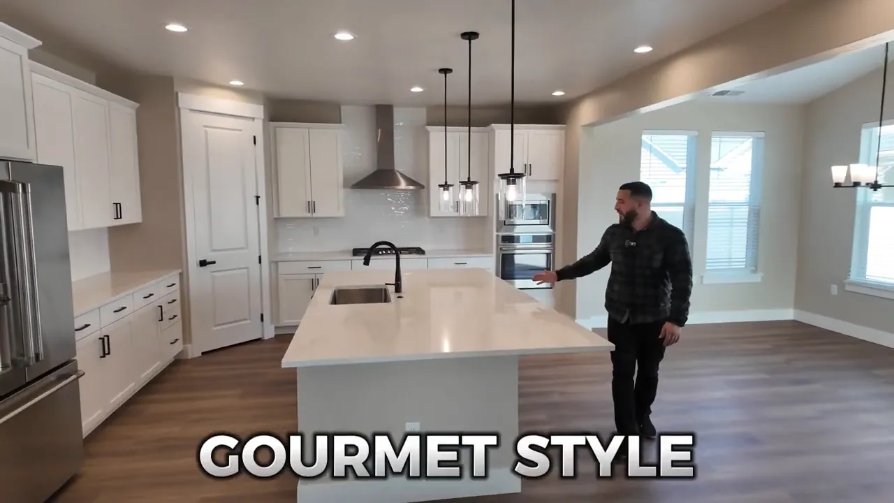 Spacious gourmet kitchen with a very large island, pendant lights, double oven and open dining area