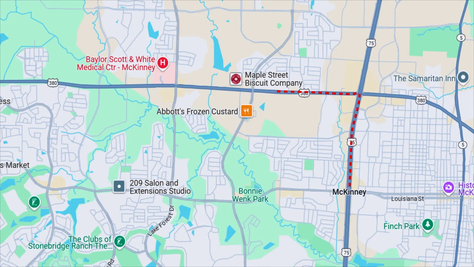 Map showing Painted Tree proximity to Frisco, 380 and nearby retail