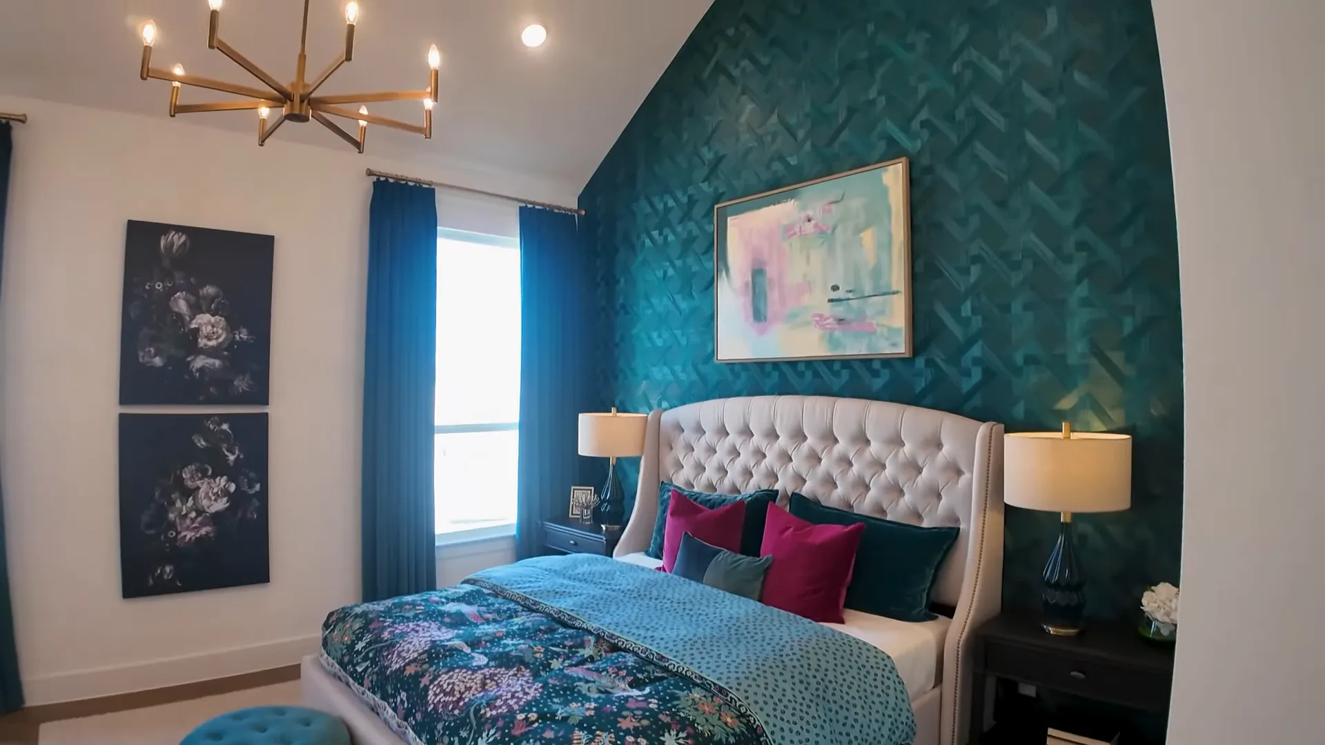 Primary bedroom with cathedral ceiling and wood beam