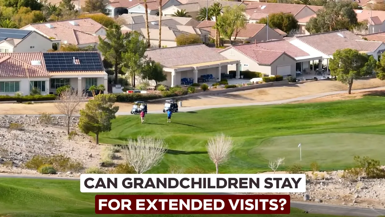 Homes beside a golf course with text asking whether grandchildren can stay for extended visits
