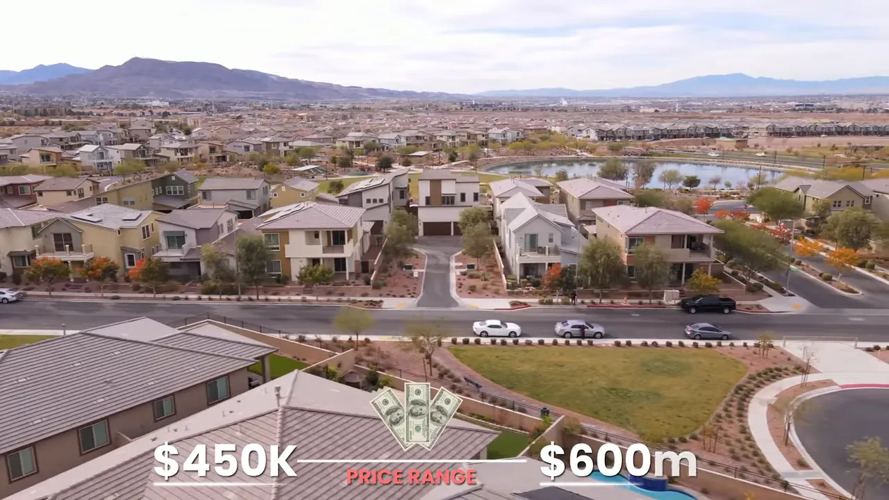 Aerial neighborhood view with price range text showing 450 thousand to 600 thousand dollars