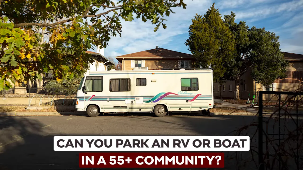 Motorhome parked beside a home with text asking if an RV or boat can be parked in a 55 plus community