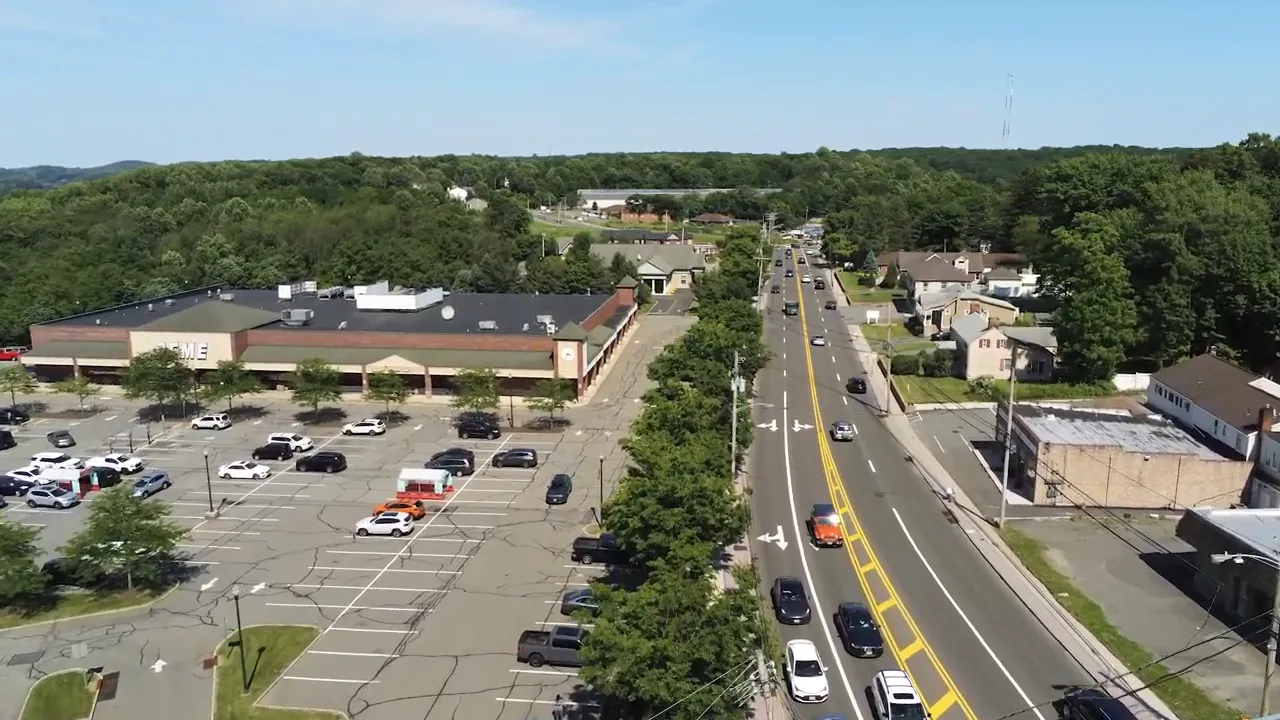 Aerial view of a busy retail corridor and road traffic in Randolph, New Jersey