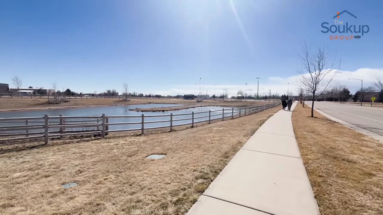 Paved path beside a pond under bright sunshine