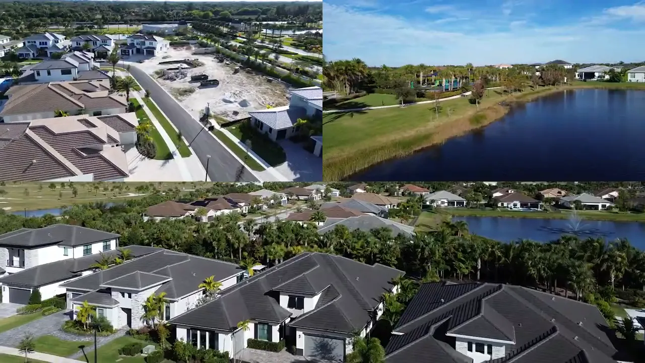 Avenir Palm Beach Gardens aerial view showing neighborhood roads, houses, and a lake