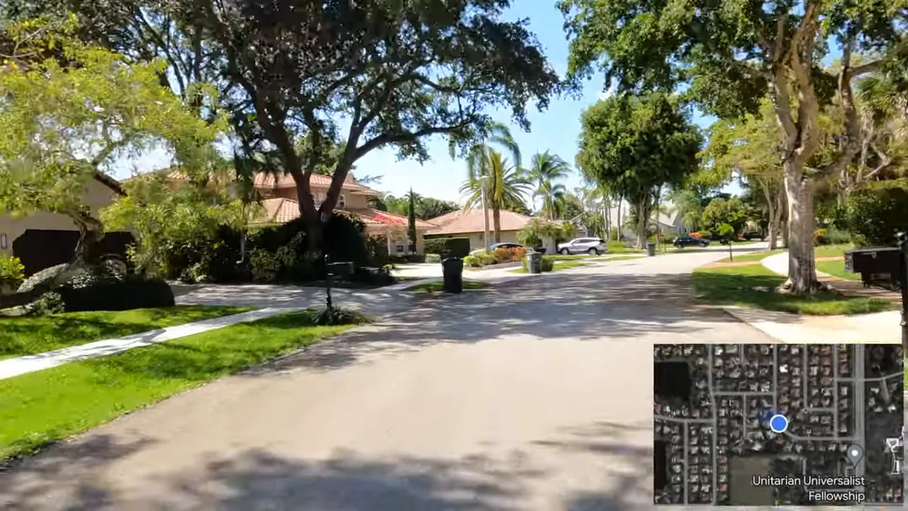 Clear front‑street view of New Floresta with mature shade trees, palms, manicured lawns and single‑family homes; small inset aerial map at lower right.