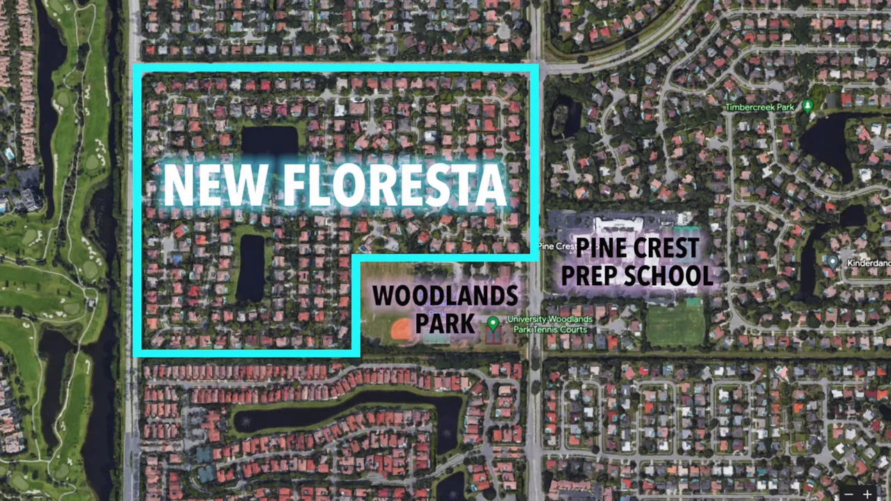Annotated aerial map marking New Floresta neighborhood, University Woodlands Park and Pine Crest Preparatory School.