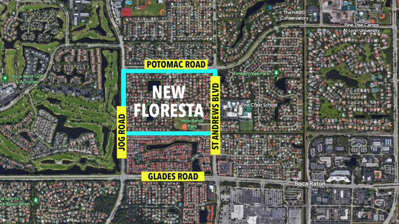 map showing New Floresta bounded by Potomac Road, Glades Road, Jog Road and St Andrews Boulevard