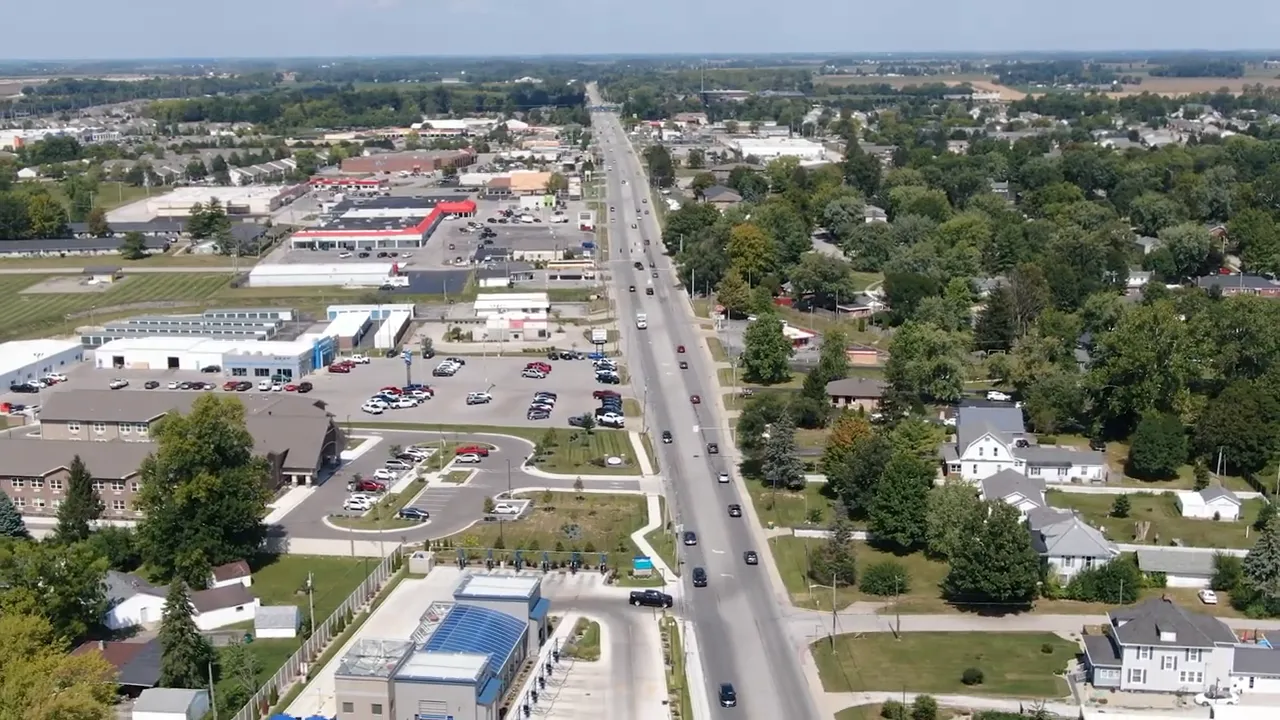 Aerial view of a commercial corridor and road near Greenfield, Franklin, and Lebanon in the Indianapolis metro