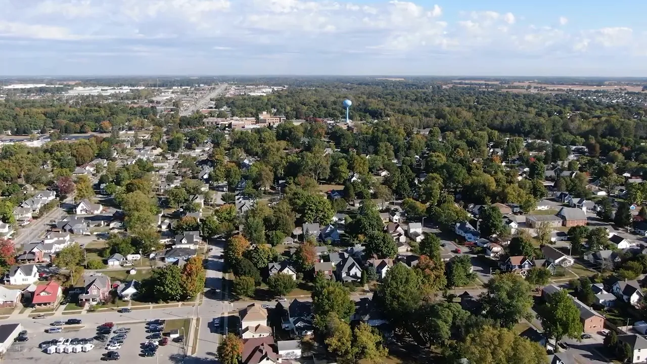 Aerial view of Greenfield Indiana neighborhoods showing the distinct small-city layout