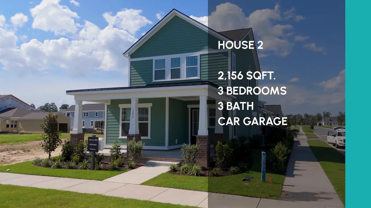 Green two story home with front porch sidewalk and overlay listing three bedrooms three bathrooms