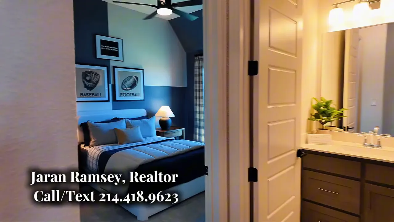 Meraki by Perry Homes Forney secondary bedroom with blue accent wall and dresser