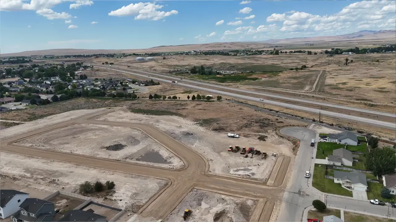 Aerial view of development land and new roads under construction near Boise