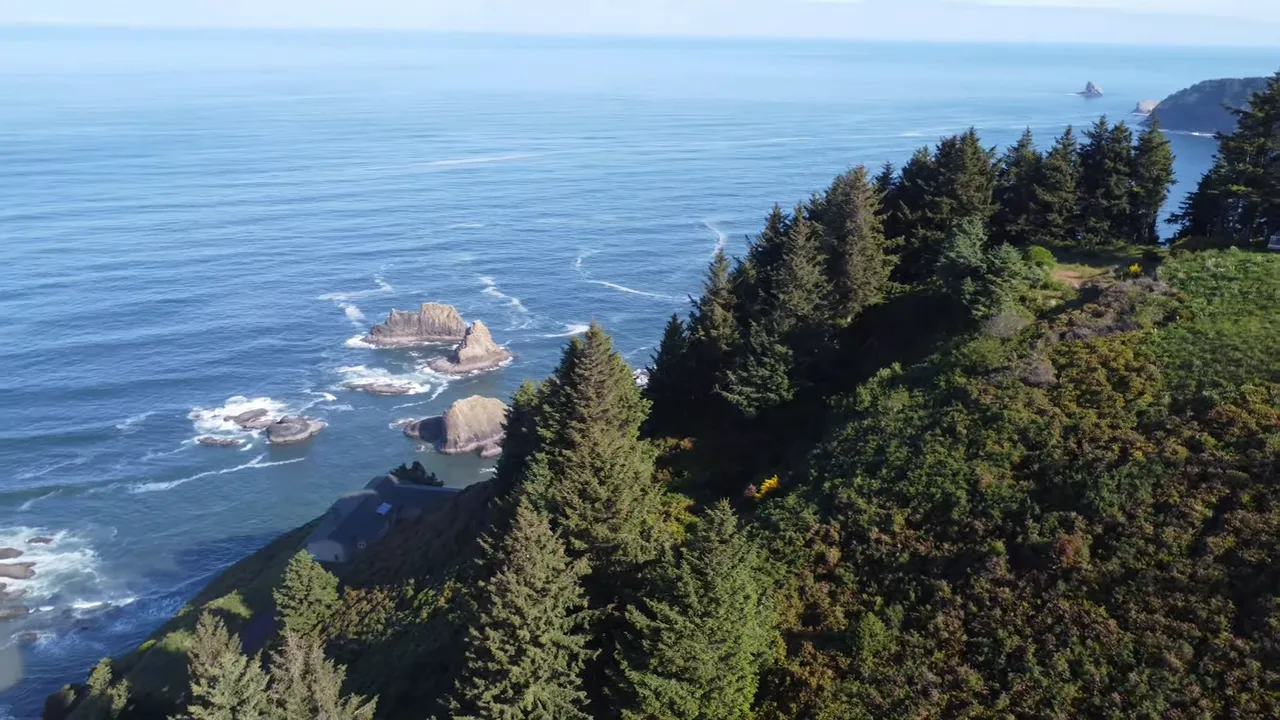 Forested headland rising above rocky ocean shoreline and sea stacks