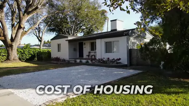 Small white house with a green lawn and cost of housing text