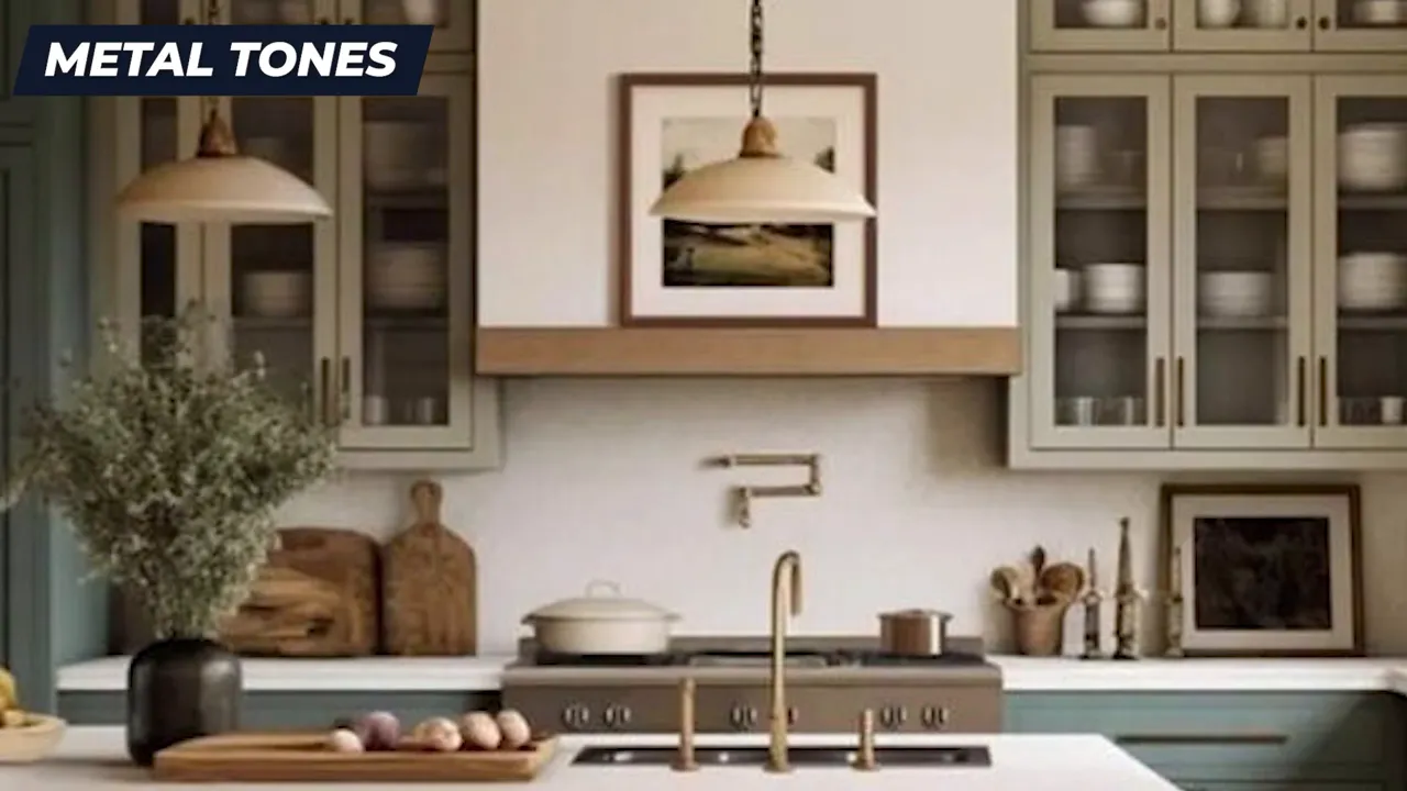Kitchen with coordinated metal-toned lighting and hardware in warm modern design