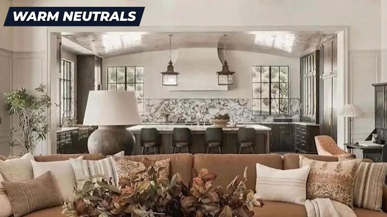 Warm neutrals living room with creamy white walls and layered sofa textures