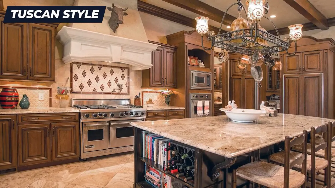 Tuscan-style kitchen showing island, range, decorative lighting, and traditional backsplash