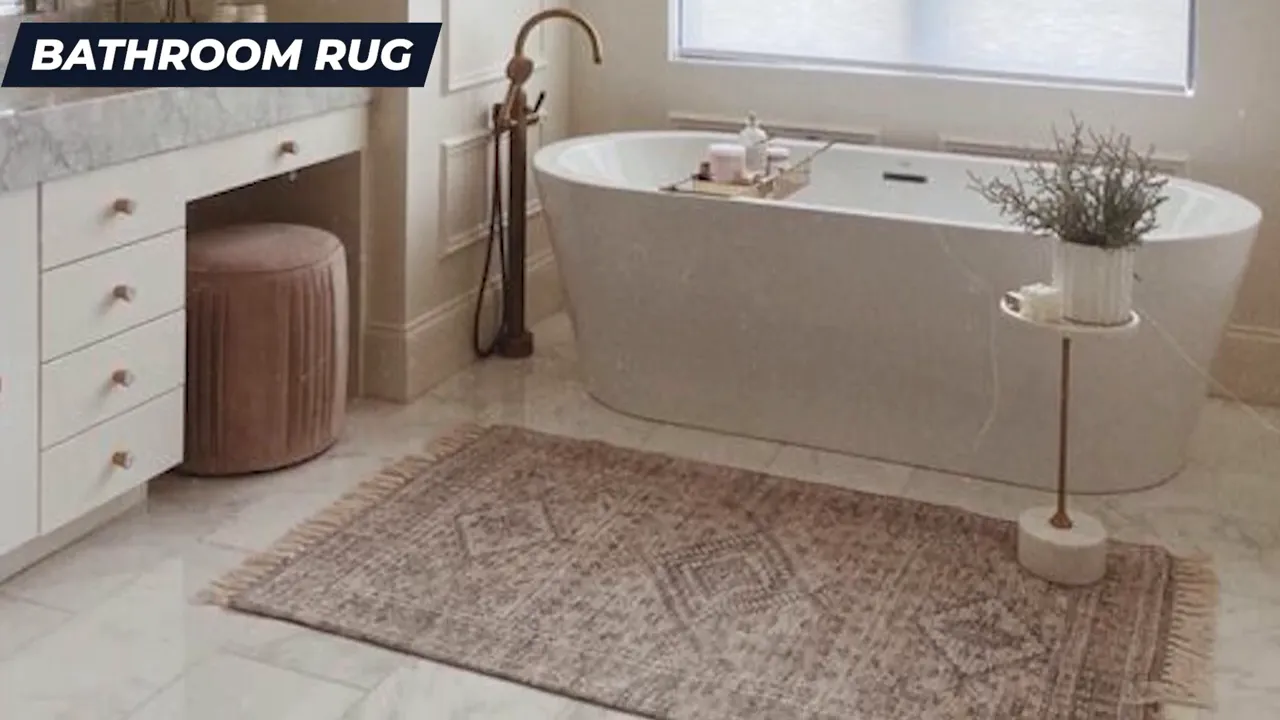 Bathroom with an upgraded vintage-style runner rug near the bathtub