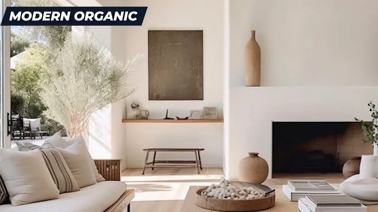 Modern organic living room with neutral sofa, natural decor, and a gallery-style wall