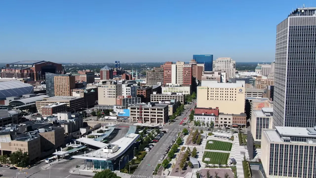 Aerial view of Indianapolis city skyline and downtown buildings