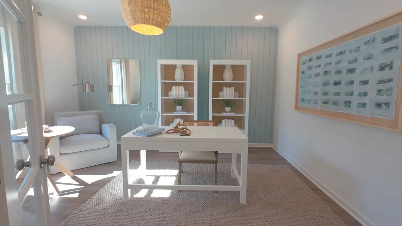 Flex room with pale blue walls