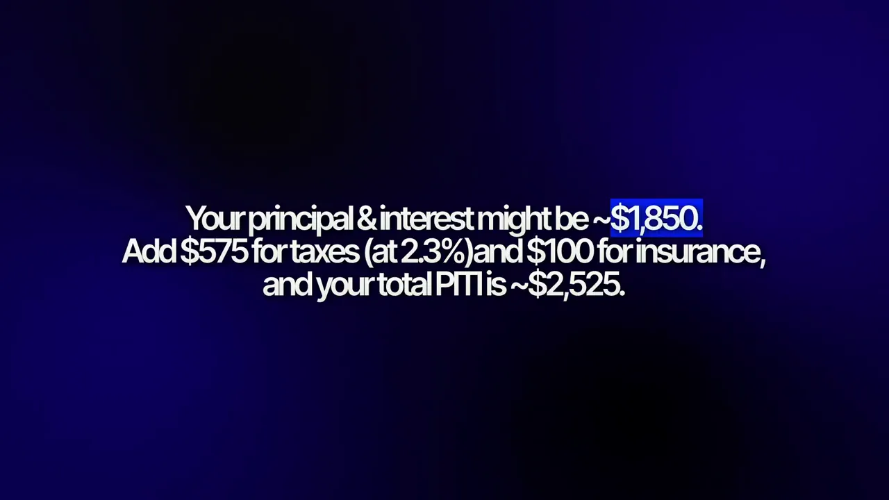 Mortgage payment breakdown slide showing total PITI around $2,525