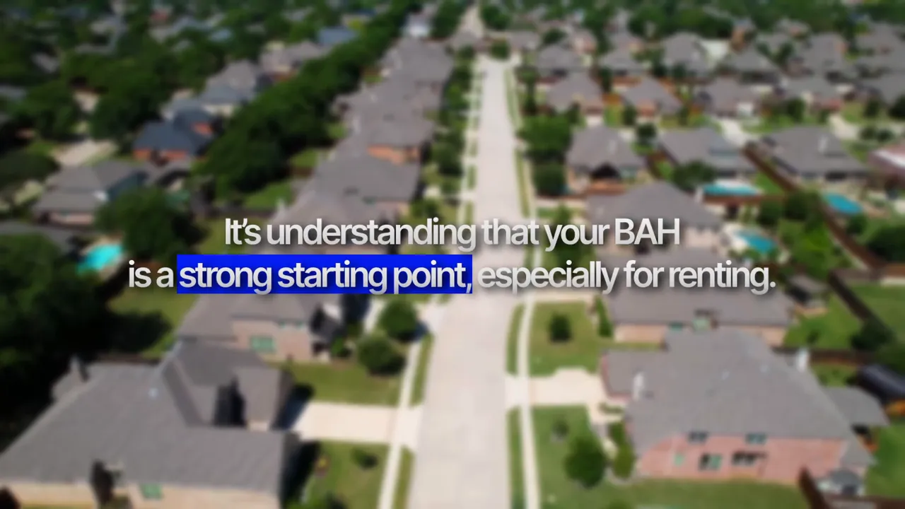 Aerial view of housing neighborhood with on-screen text stating BAH is a strong starting point for renting