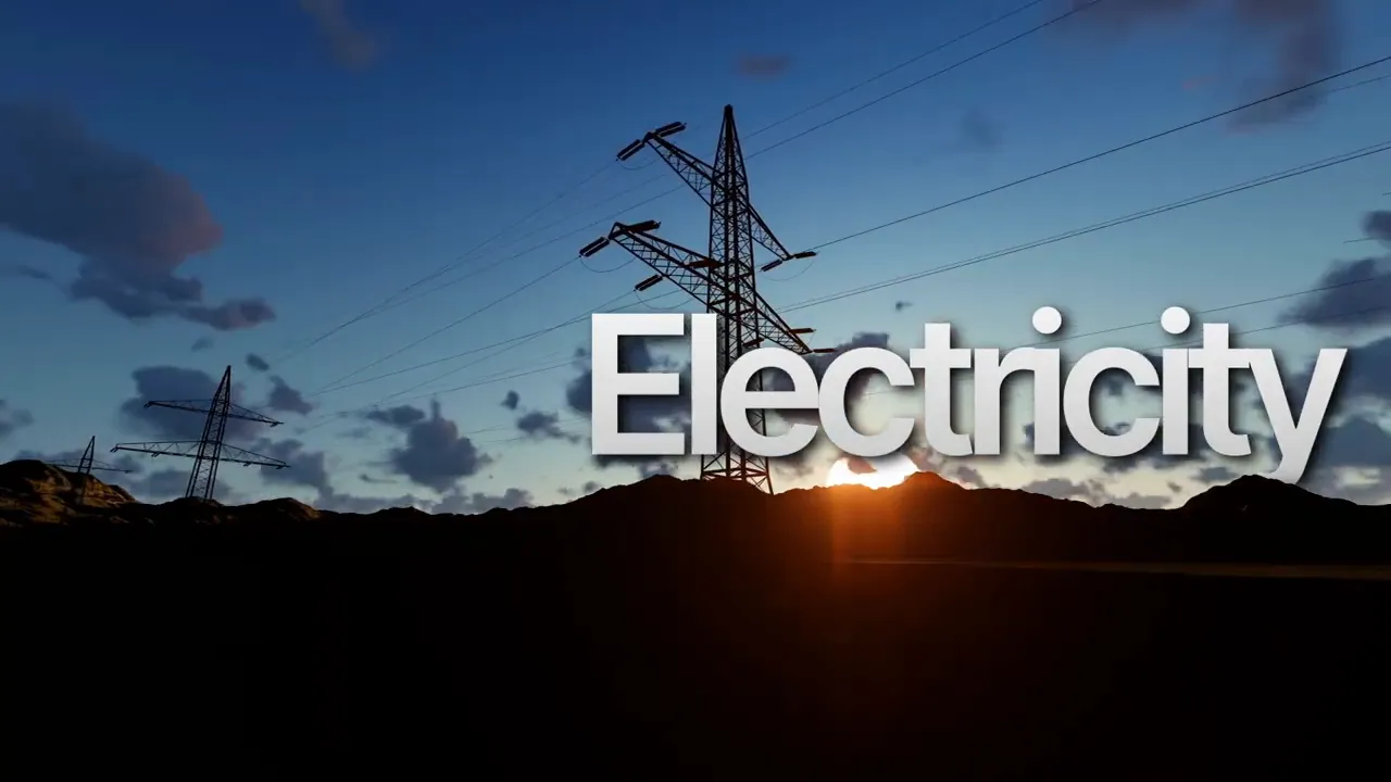 Electricity themed graphic featuring power lines under a sunset sky