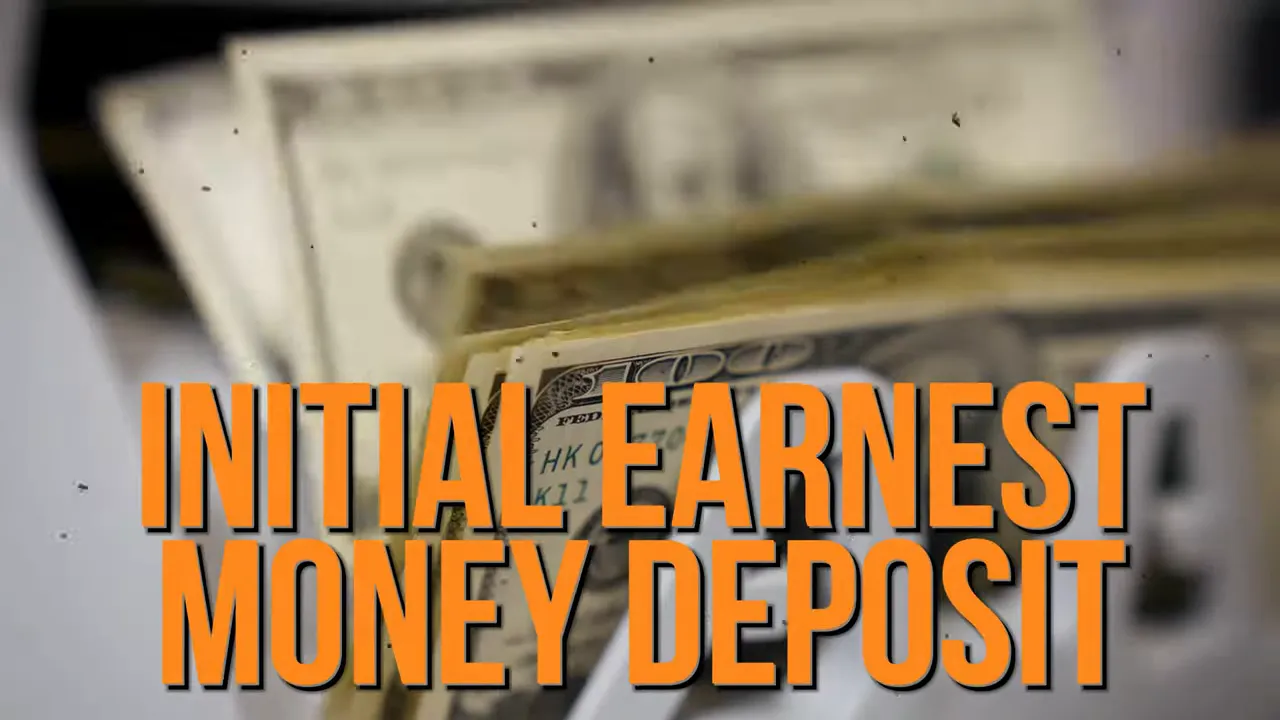 Graphic text reading 'INITIAL EARNEST MONEY DEPOSIT' over blurred money and contract imagery