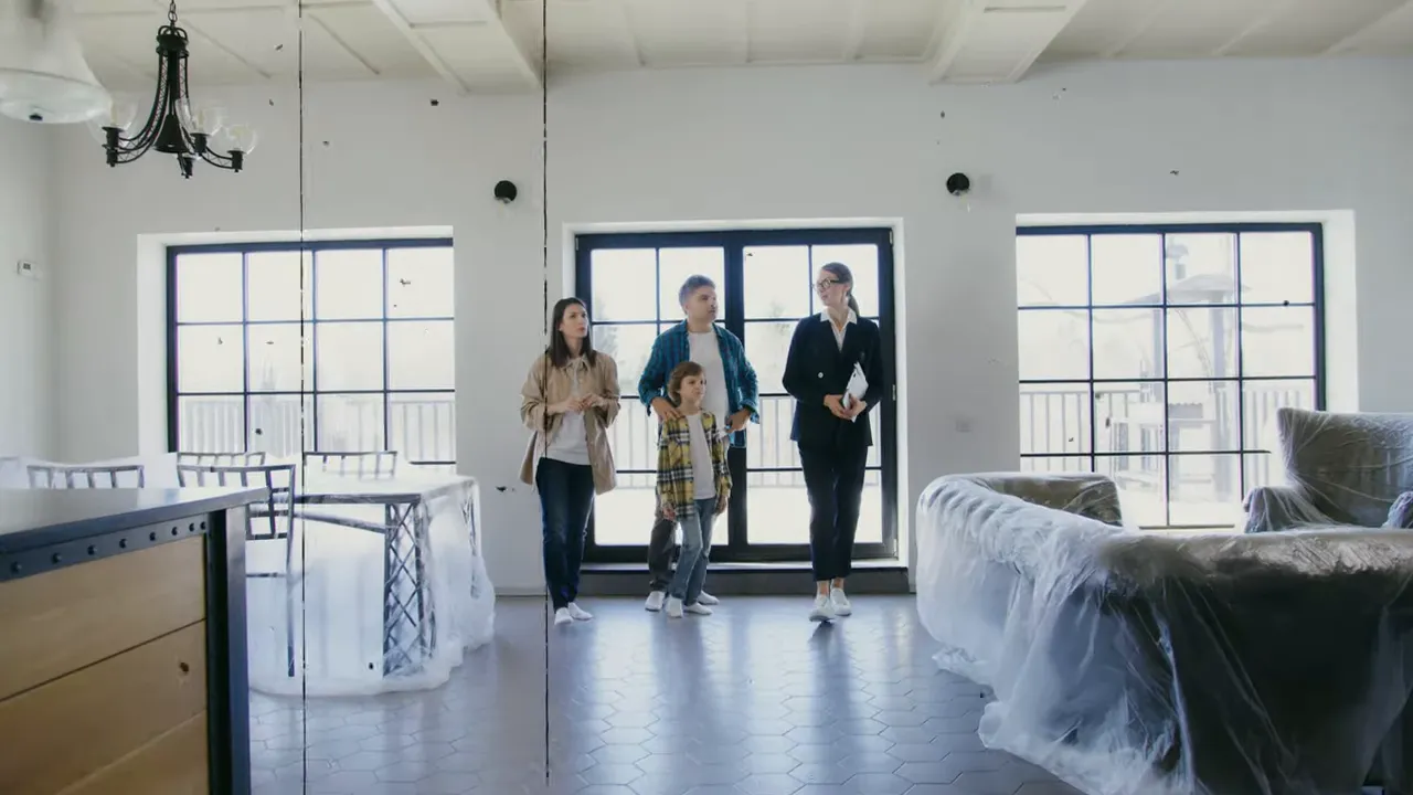 Family touring a nearly complete new construction home interior