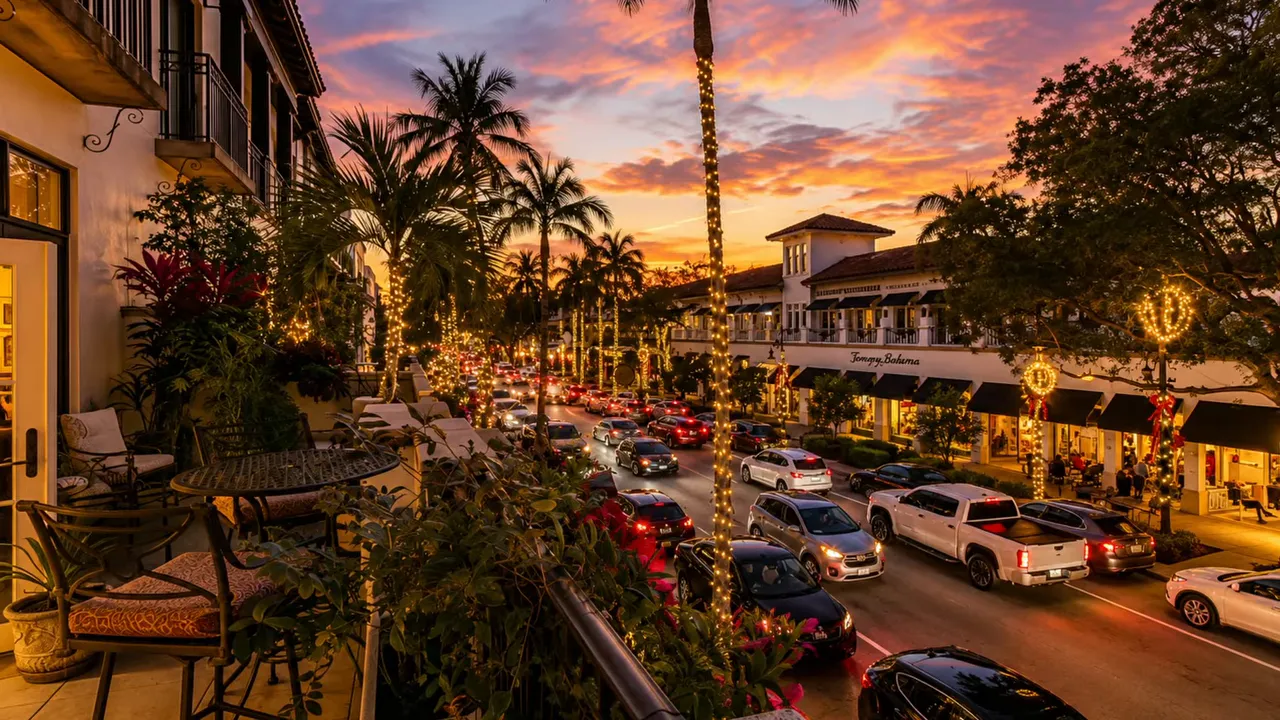 Downtown Naples street at sunset with palm trees restaurants cars and pedestrians
