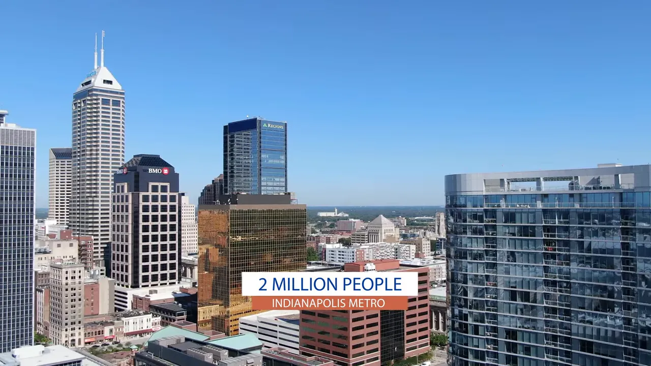 Downtown Indianapolis skyline with text reading 2 million people
