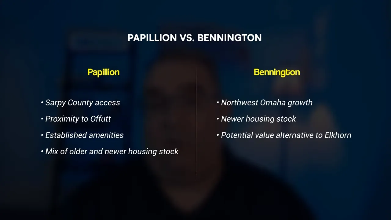 Comparison graphic listing Papillion and Bennington housing lifestyle factors