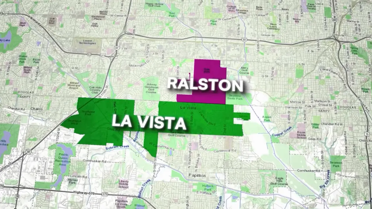 Map showing the locations of Ralston and La Vista