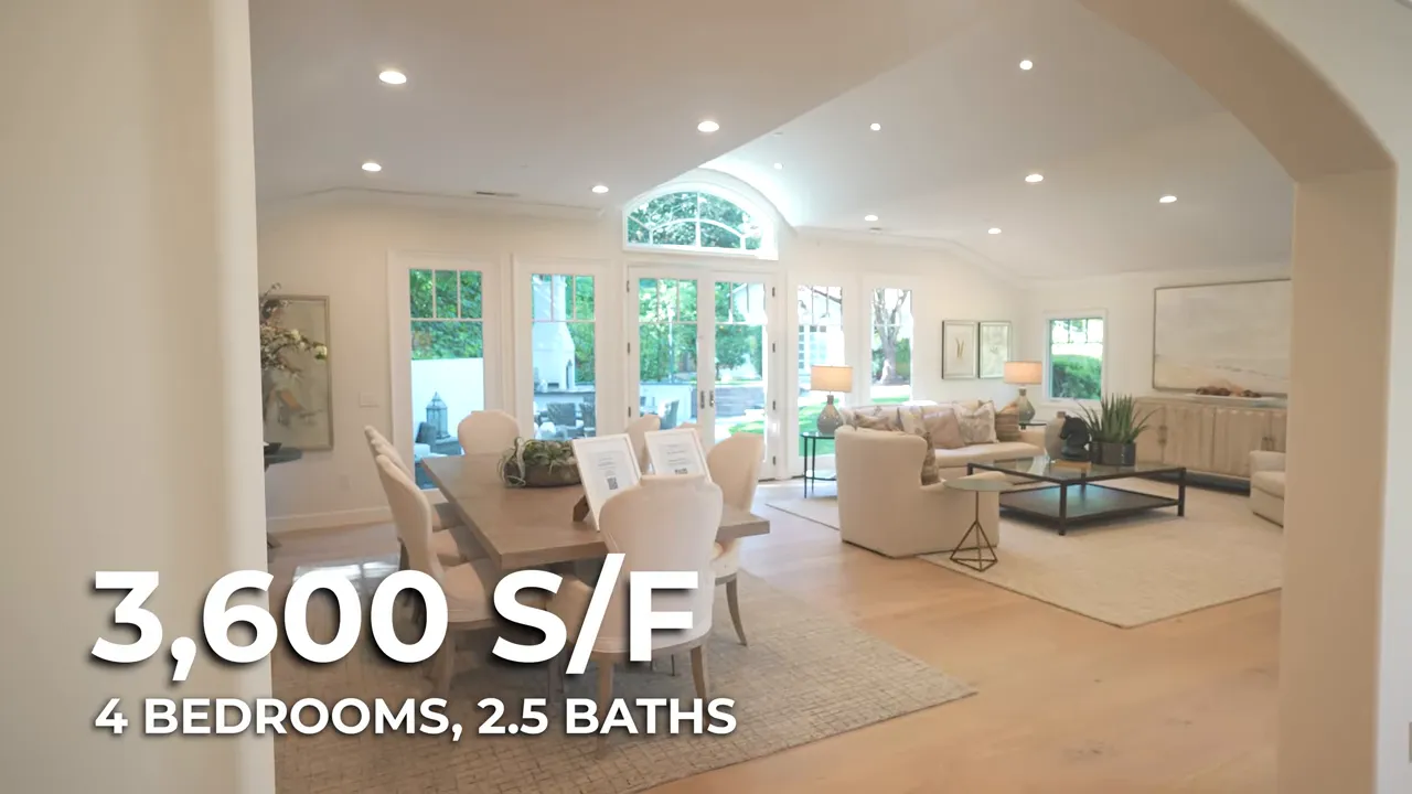 Open great room with dining area and text showing 3600 square feet 4 bedrooms 25 baths