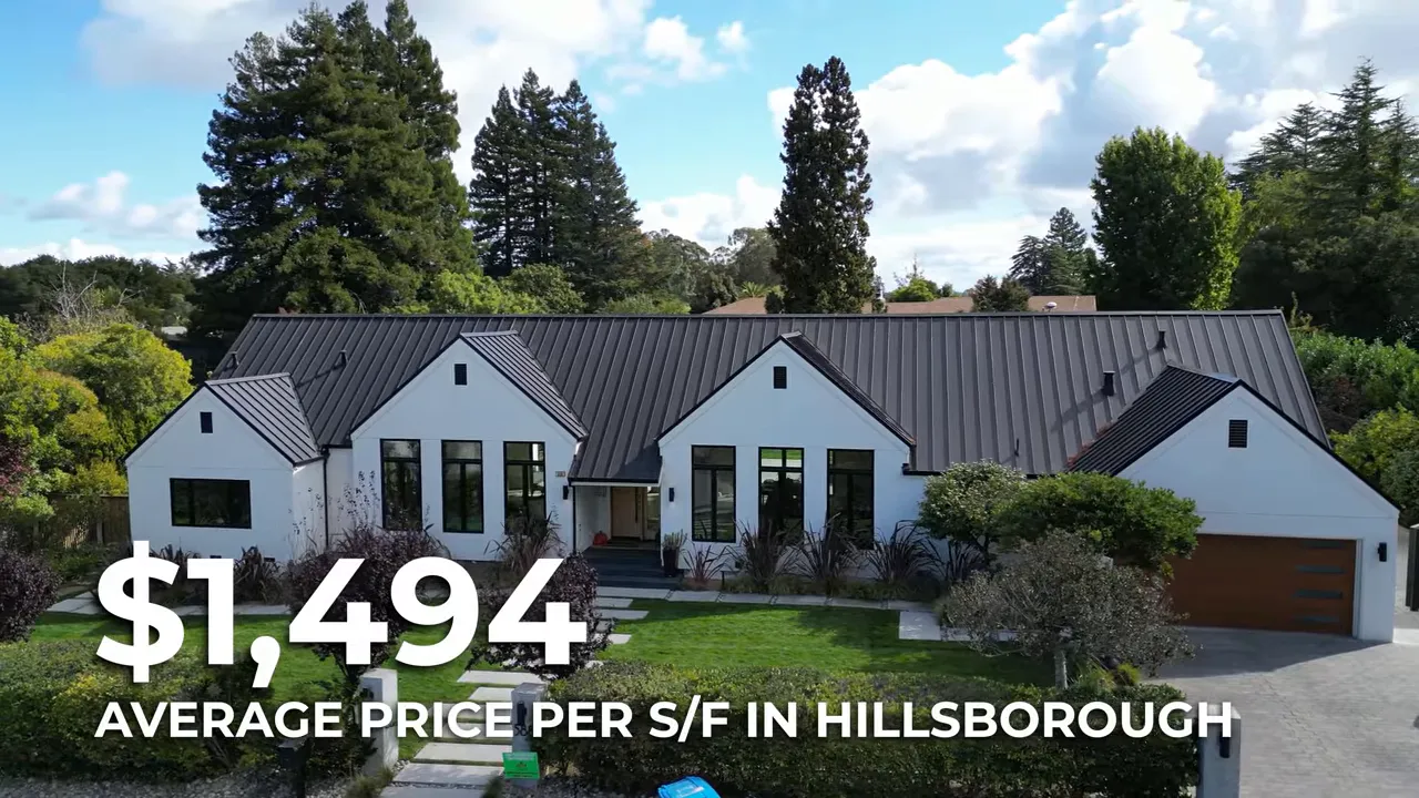 Large white house with text stating 1494 average price per square foot in Hillsborough