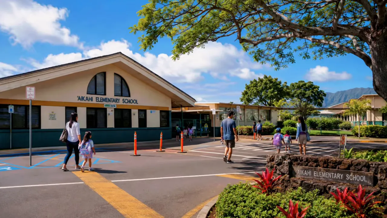 Kailua High School campus entrance and students walking