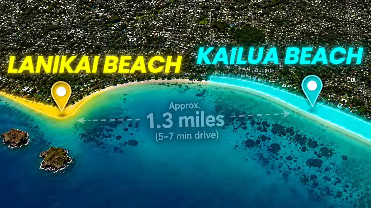 Map showing Lanikai Beach and Kailua Beach about 1.3 miles apart