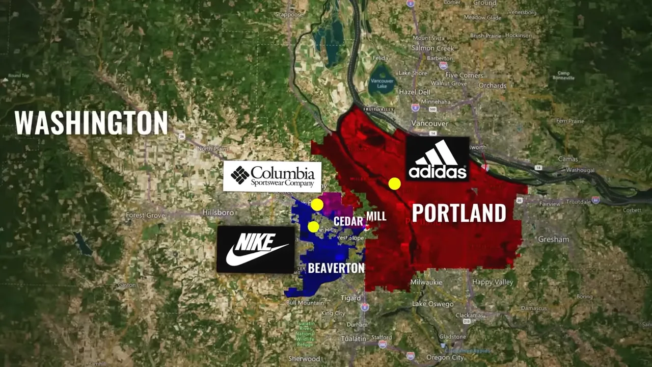 Regional map labeling Washington County Portland and locations of Nike Adidas and Columbia Sportswear