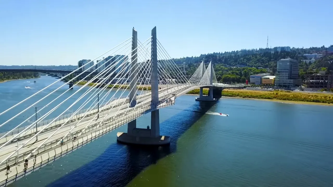 Aerial view of Tilikum Crossing cable stayed bridge spanning the river