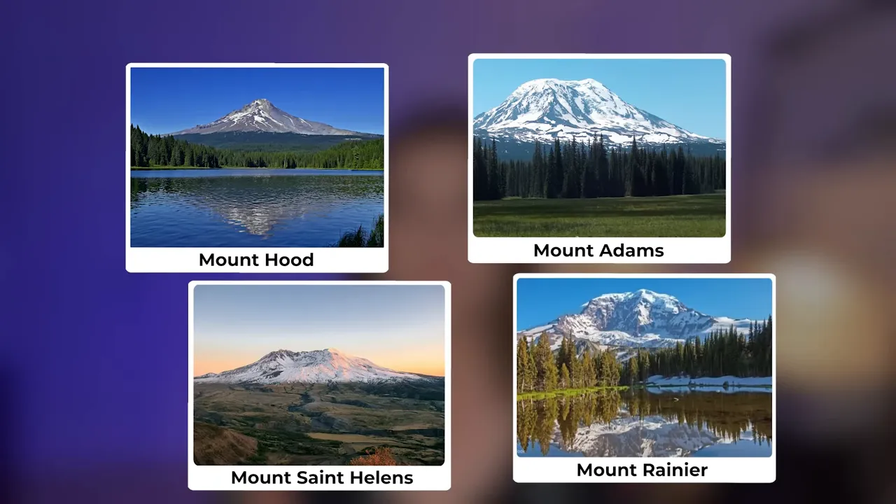 Four labeled mountain photos for Mount Hood Mount Adams Mount Saint Helens and Mount Rainier