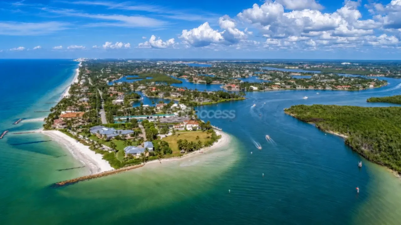 aerial coastal neighborhood image with text golf access over waterway