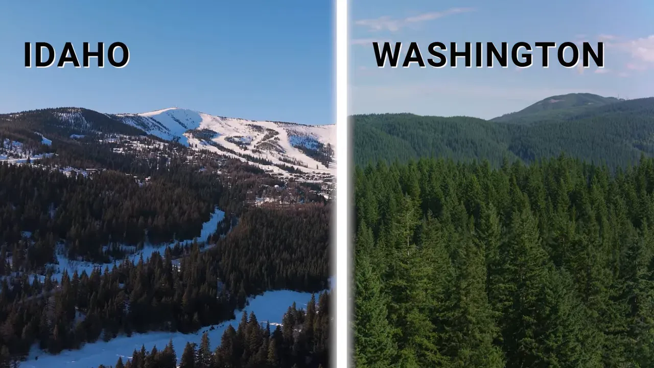 Aerial split image: snowy Idaho ski slopes on the left labeled 'IDAHO' and green Washington evergreen forest on the right labeled 'WASHINGTON'